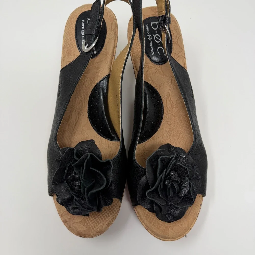 BOC Born Concept US 10 Black Leather Flower Slingback Sandals Cork Wedge